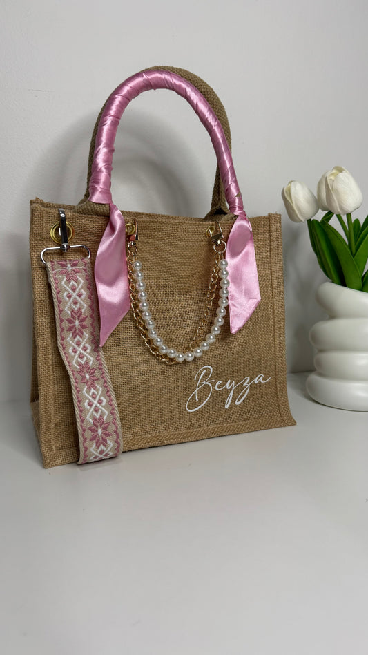 SAC EN JUTE BEIGE / ROSE