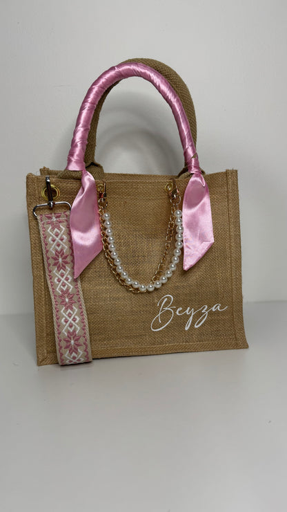 SAC EN JUTE BEIGE / ROSE