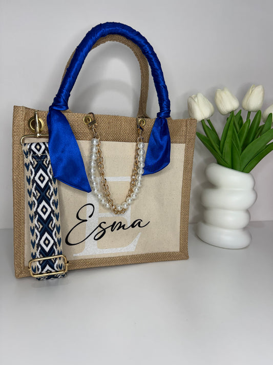 SAC EN JUTE BEIGE/BLEU